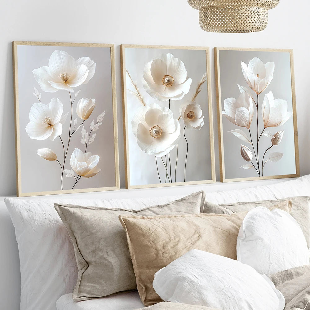 Peony print trio in a bright room