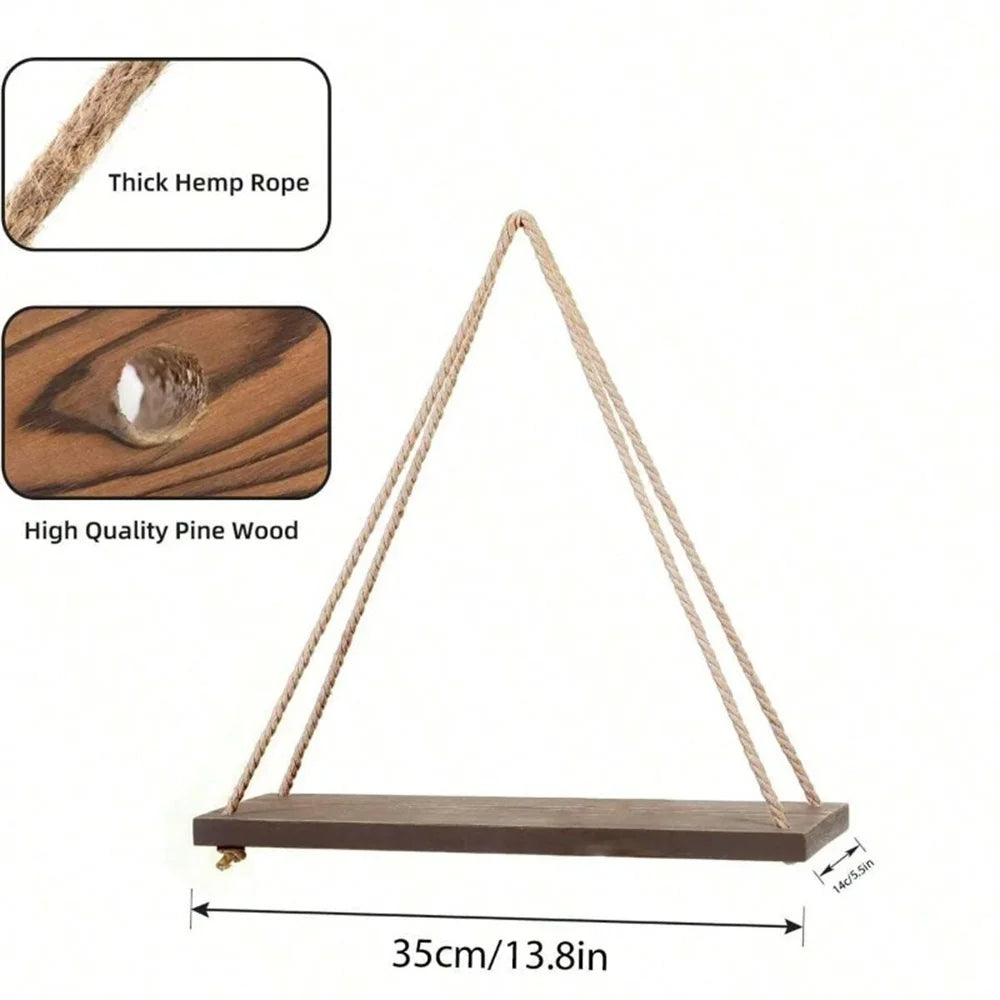Walnut brown swing shelf on rope, 35 cm wide
