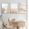 Three pampas prints hung above a console table