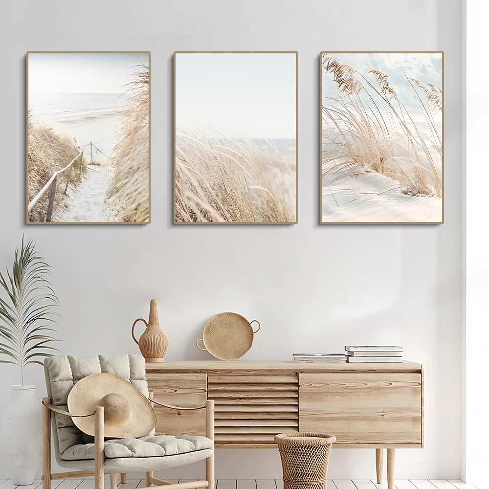 Three pampas prints hung above a console table