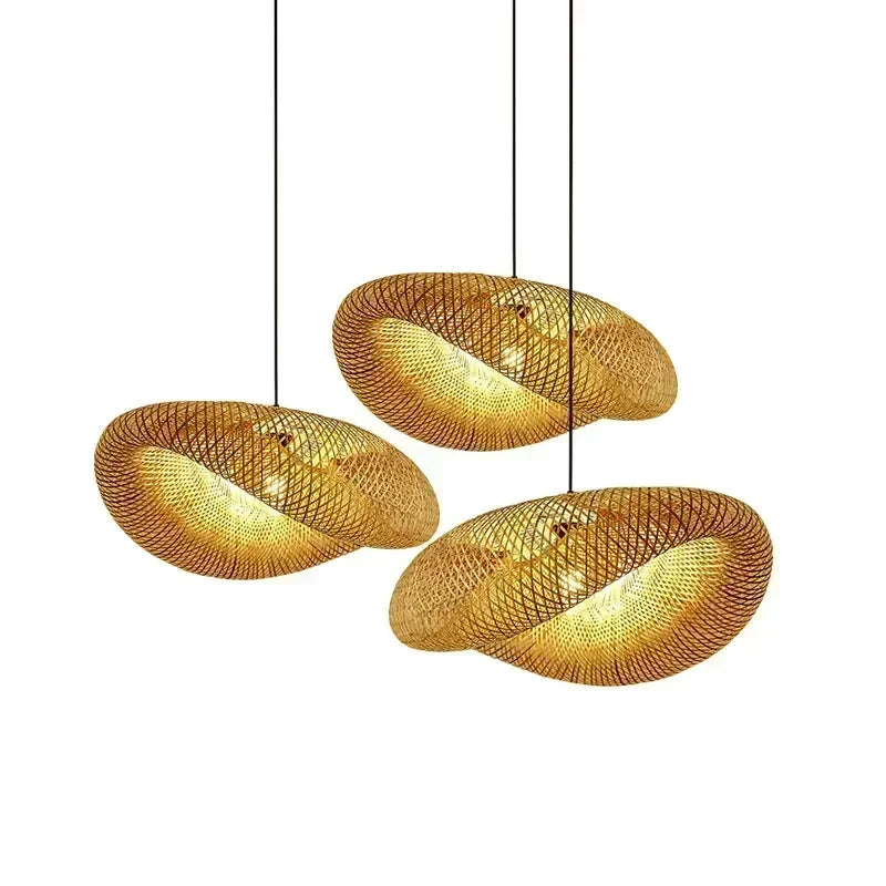 Three bamboo saucer pendants hung at staggered heights